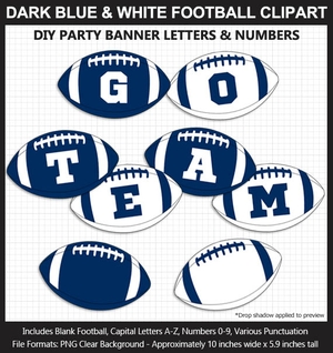 Dark Blue and White Football Alphabet Banner Clip Art - Letters, Numbers, Superbowl, Party Sign