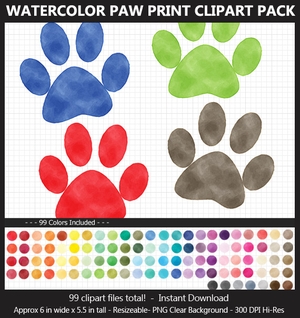 Watercolor Paw Print Clipart - 99 Colors, Dog Paw Print, Cat Paw, Puppy Paw, Printable, Iron-on	