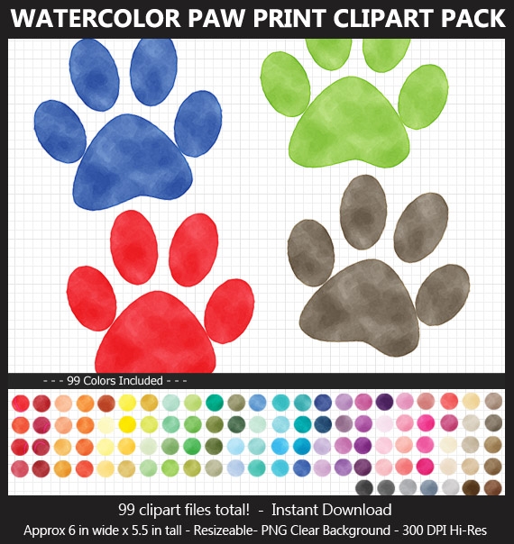 Watercolor Paw Print Clipart - 99 Colors, Dog Paw Print, Cat Paw, Puppy Paw, Printable, Iron-on	