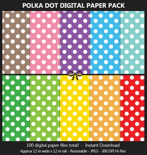 99 Colors Large Polka Dot Digital Paper Pack - White Polka Dots, Scrapbook Background, CUOK	