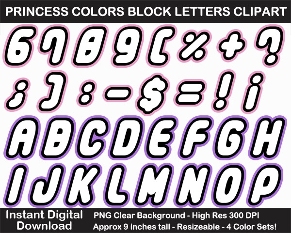 Princess Colors Block Letters Clipart - Letters, Numbers, Punctuation, 4 Color Sets, Large	