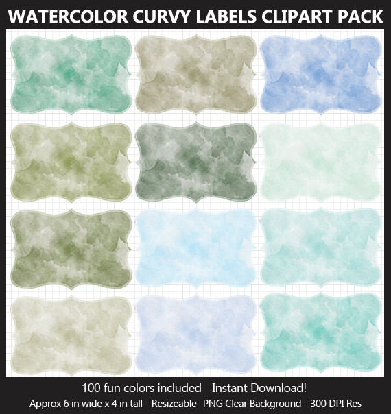 Watercolor Curvy Labels Clipart Pack - 100 Colors, Scrapbook, Party Food Labels, School Binders