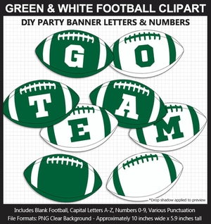 Green and White Football Alphabet Banner Clip Art - Letters, Numbers, Superbowl, DIY Football Party