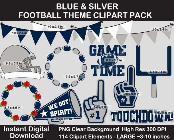 Blue and Silver Football Theme Clip Art - Helmet, Logo, Label, Pennant Banner, Birthday