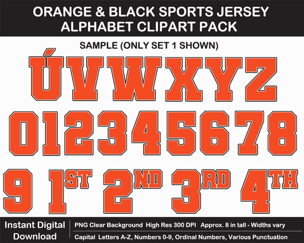 Orange and Black Sports Jersey Alphabet Clipart - Varsity Letters, Numbers, Superbowl, Sign	