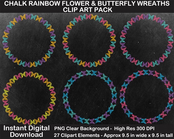 Chalk Rainbow Flower and Butterfly Wreaths Clipart Pack - Chalkboard, Scrapbook Border, Gift Tags	