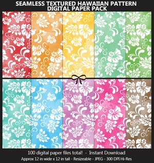 Textured Hawaiian Pattern Digital Paper Pack - Seamless, Hibiscus Flowers, 100 Colors, Watercolor