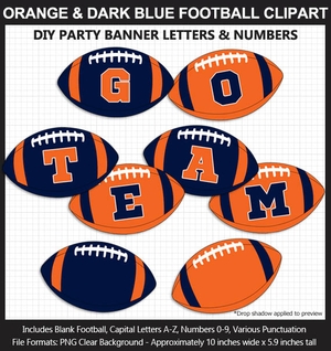 Orange and Dark Blue Football Alphabet Banner Clip Art - Letters, Numbers, Superbowl, Football Party