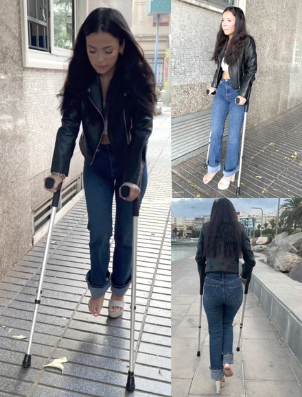 Barefoot street crutching wearing high heel by Elian