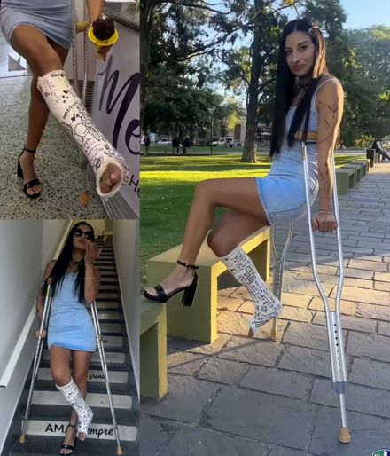 Real injury SLC high heel long city crutching by Catalina 