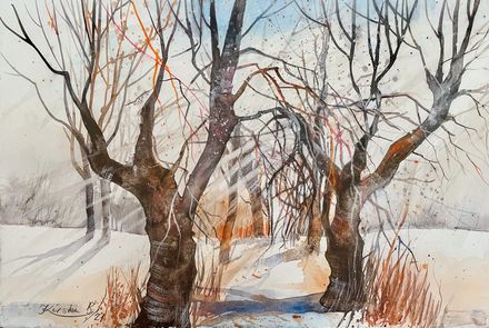 Sonnige Baumallee im Spätherbst (Aquarell)