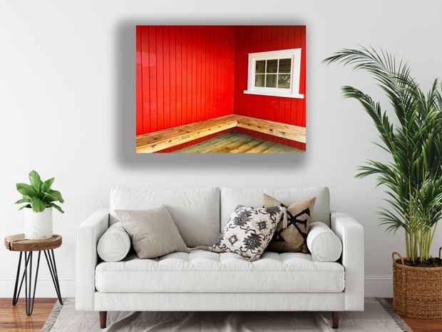 Rustic Wooden Bench Against Red Timber Wall with White Framed Window Photo Download
