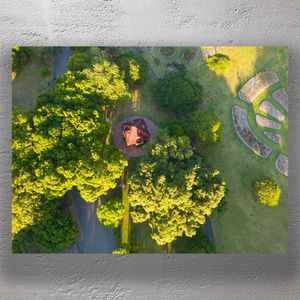 Aerial View of Garden Pavilion and Botanical Patterns in Morning Light Photo Download