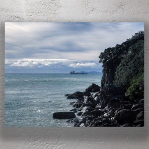 Rocky New Zealand Coastline with Distant Cargo Ship Under Moody Sky Photo Download