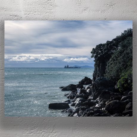 Rocky New Zealand Coastline with Distant Cargo Ship Under Moody Sky Photo Download