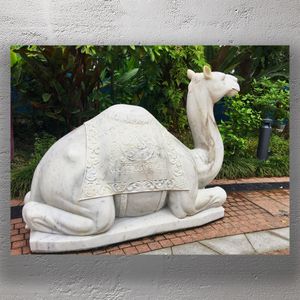 Elegant White Marble Camel Sculpture in Lush Garden Setting Photo Download