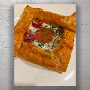 Delicious Egg and Bacon Puff Pastry Square Perfect Savory Breakfast Treat Photo Download