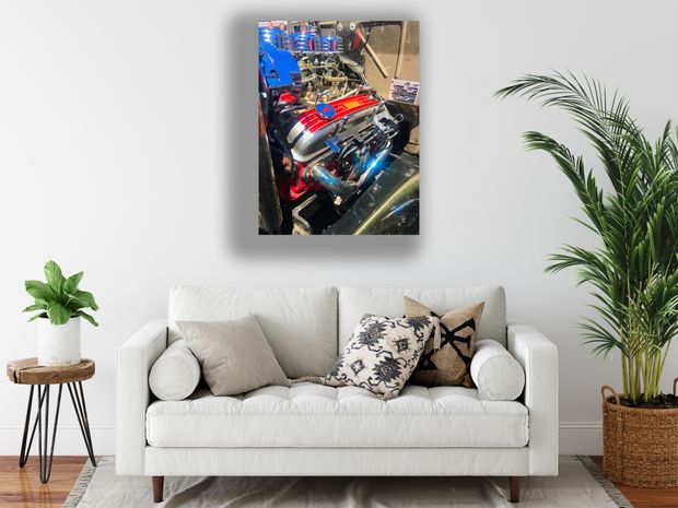 High-Performance Classic Car Engine with Chrome and Red Accents Vintage Hot Rod Motor Photo Download