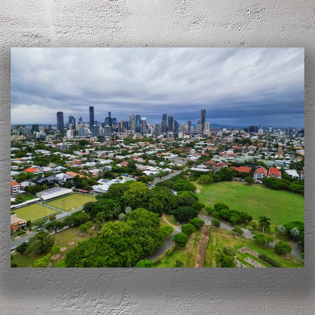 Aerial View of Brisbane City Skyline from New Farm Park Urban and Green Landscape Photo Download