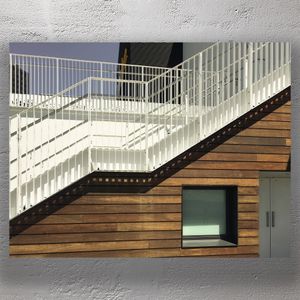 Modern Architectural Contrast White Metal Staircase and Wooden Facade Photo Download
