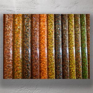 Colorful Candy Dispensers Filled with Assorted Wrapped Sweets in Vertical Tubes Photo Download