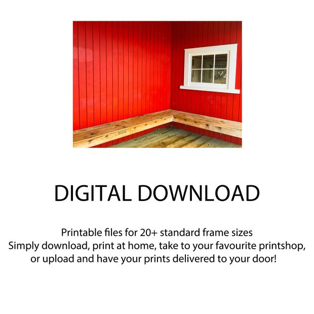 Rustic Wooden Bench Against Red Timber Wall with White Framed Window Photo Download