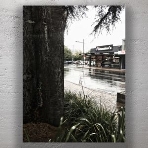 Rainy Day Street View in Upper Hutt New Zealand Pizza Store and Urban Reflections Photo Download