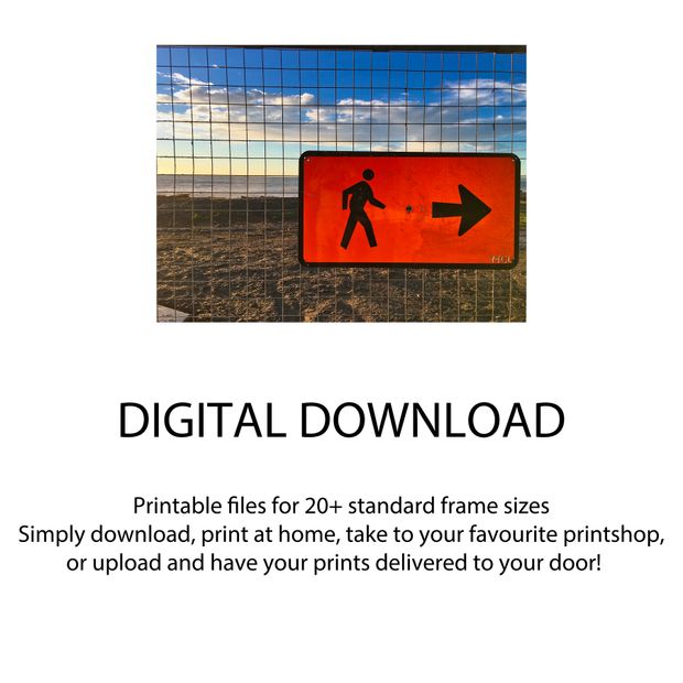 Bright Orange Pedestrian Sign Against Coastal Sunset Directional Walkway Photo Download