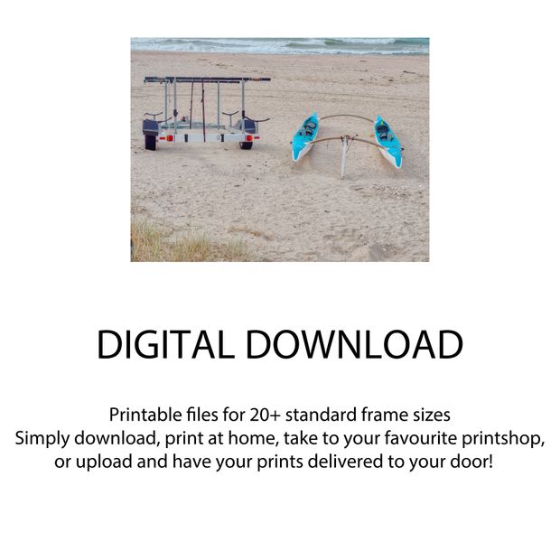 Twin Outrigger Canoes on Sandy Beach with Trailer by the Ocean Photo Download