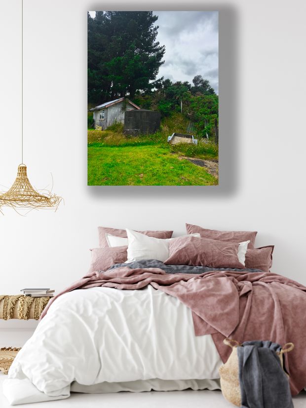 Abandoned Farm Shed with Water Tank in Rural Landscape Rustic Countryside Scene Photo Download