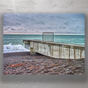 Dramatic Coastal Scene Weathered Pipe Overlooking Ocean Waves Moody Beach Photo Download