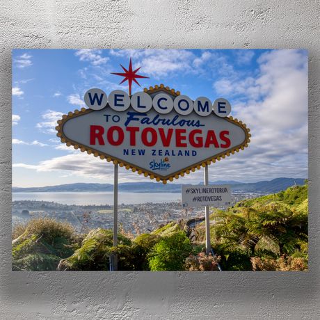Welcome to Rotovegas Sign Overlooking Rotorua New Zealand Photo Download