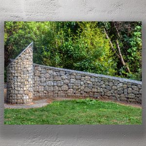 Modern Gabion Stone Wall in Lush Green Garden Architectural Landscape Photo Download