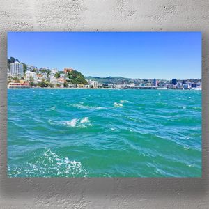 Vibrant Wellington Harbour with Choppy Blue Waters Scenic New Zealand Coastline Photo Download