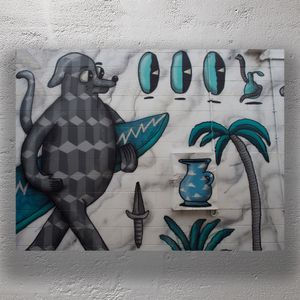 Urban Surf Art Mural Featuring Cartoon Dog with Surfboard Photo Download