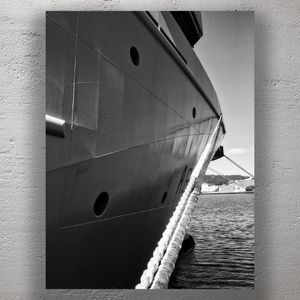Black and White Close-Up of Yacht Bow with Mooring Ropes at Harbor Photo Download