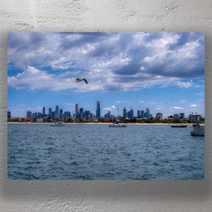 Melbourne Skyline from St Kilda Beach Seagull Boats and Blue Skies Photo Download