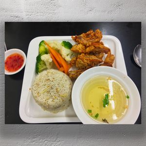Crispy Fried Chicken with Garlic Rice Steamed Veggies, and Clear Soup Asian Lunch Photo Download