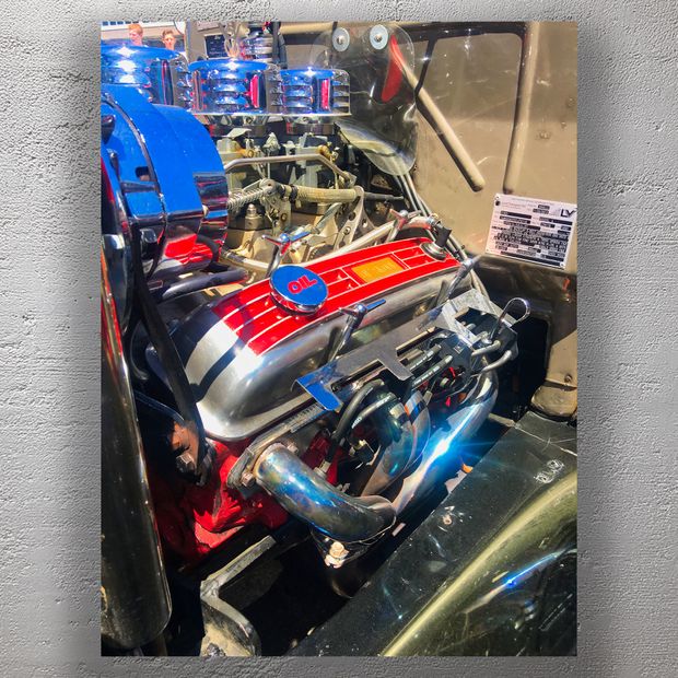High-Performance Classic Car Engine with Chrome and Red Accents Vintage Hot Rod Motor Photo Download