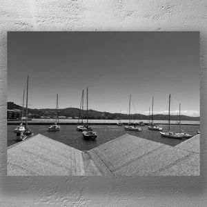 Scenic Marina with Sailboats Black and White Coastal Photography Photo Download
