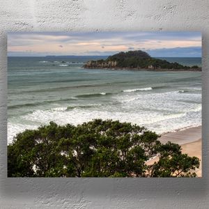 Coastal View of Mount Maunganui and Moturiki Island with Surfers in the Waves Photo Download