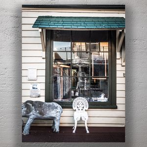 Quirky Vintage Shopfront with Elephant Statue and Ornate Chair Photo Download