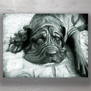 Lazy Dog Sculpture with Duck Playful Animal Statues on Cobblestone Street Photo Download