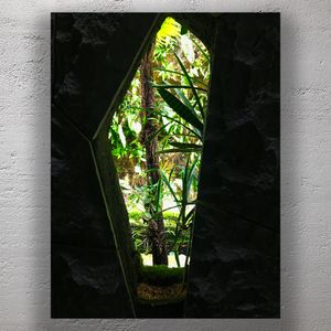 Lush Tropical Garden Through Geometric Stone Window Nature Escape Photo Download