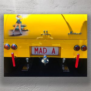 Vintage Yellow Hot Rod with Custom Pin-Up Art and MAD A License Plate Classic Car Photo Download