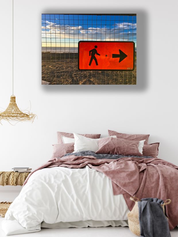 Bright Orange Pedestrian Sign Against Coastal Sunset Directional Walkway Photo Download
