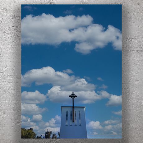 White Church Tower with Cross Under Cloudy Blue Sky Peaceful Christian Architecture Photo Download