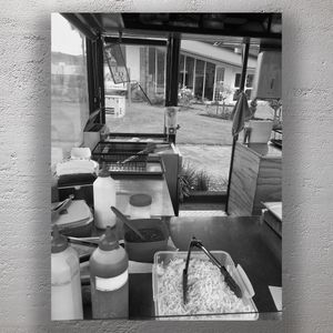 Inside a Food Truck Kitchen Black and White View of Street Food Prep Station Photo Download