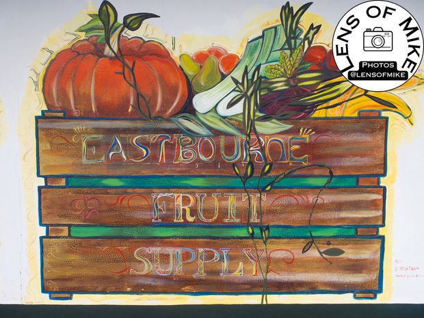 Vibrant Eastbourne Fruit Supply Mural Hand-Painted Wall Art Featuring Fresh Produce Photo Download