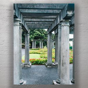 Elegant Stone Pergola in a Vibrant Garden Architectural Beauty and Natures Harmony Photo Download